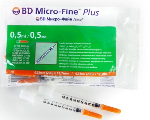 Шприц инсулиновый одноразовый BD Micro-Fine Plus U-100, 0.5 мл, 0.5мл, 29 G (0,33x12,7), 10 шт.