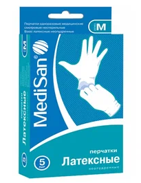 MediSan перчатки смотровые латексные неопудренные, M, перчатки неопудренные нестерильные, пара, 5 шт.