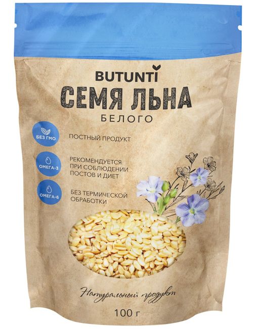 Butunti Семя льна белого, семена цельные, 100 г, 1 шт.